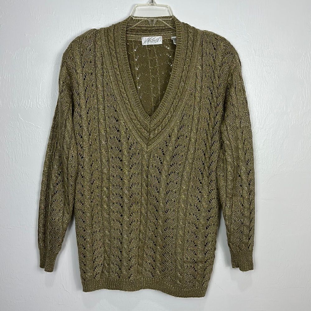 Lord & Taylor Wool Blend Gold Metallic Cable Knit V-neck Pullover Sweater Size M